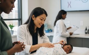 Pédiatre examinant un nouveau-né noir pour un diagnostic précoce de la trisomie 21.