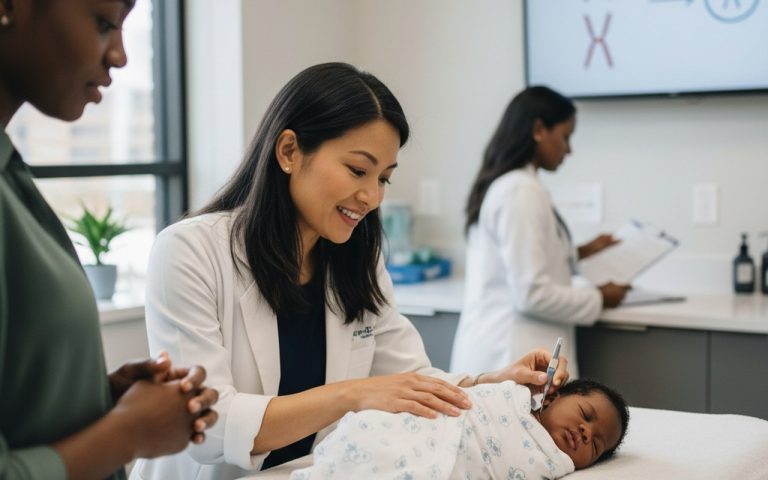 Pédiatre examinant un nouveau-né noir pour un diagnostic précoce de la trisomie 21.