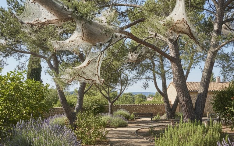 Jardin avec des arbres infestés de chenilles processionnaires et nids en fil de soie.