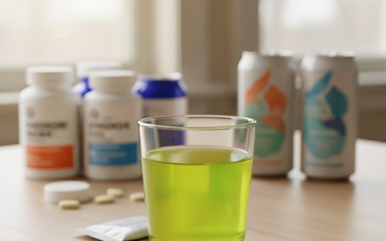 Verre d'urine jaune fluorescent avec compléments alimentaires en arrière-plan.