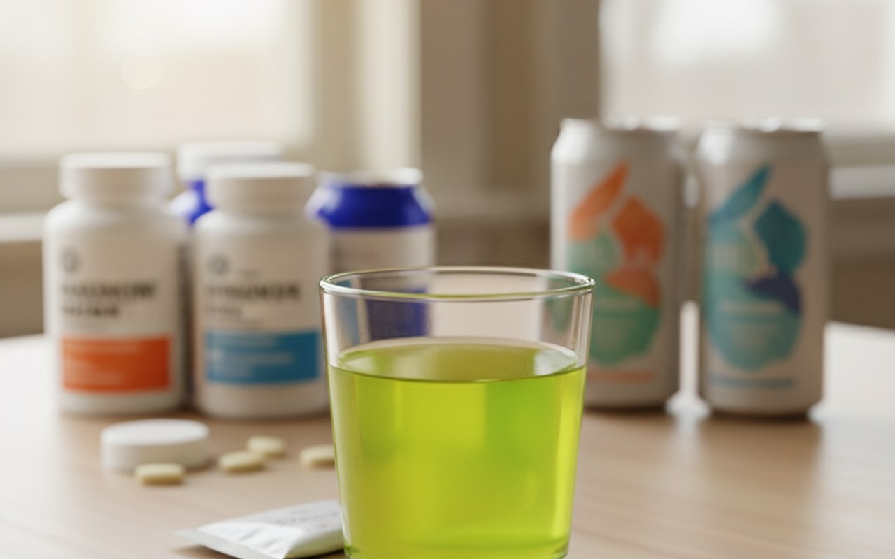Verre d'urine jaune fluorescent avec compléments alimentaires en arrière-plan.