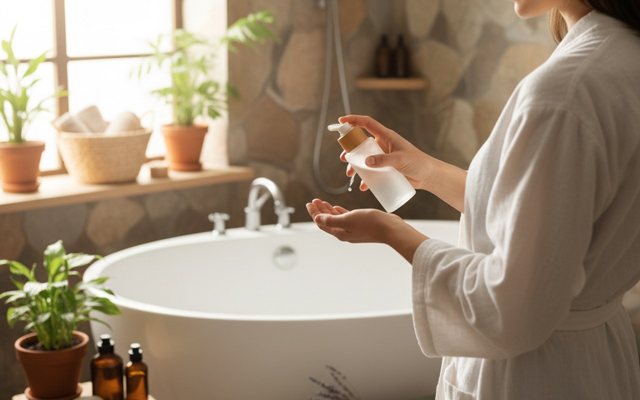 Femme utilisant un gel intime doux pour une hygiène préventive.