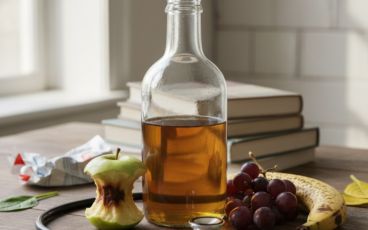 Bouteille de vinaigre de cidre sur une table avec des éléments de santé cardiaque.
