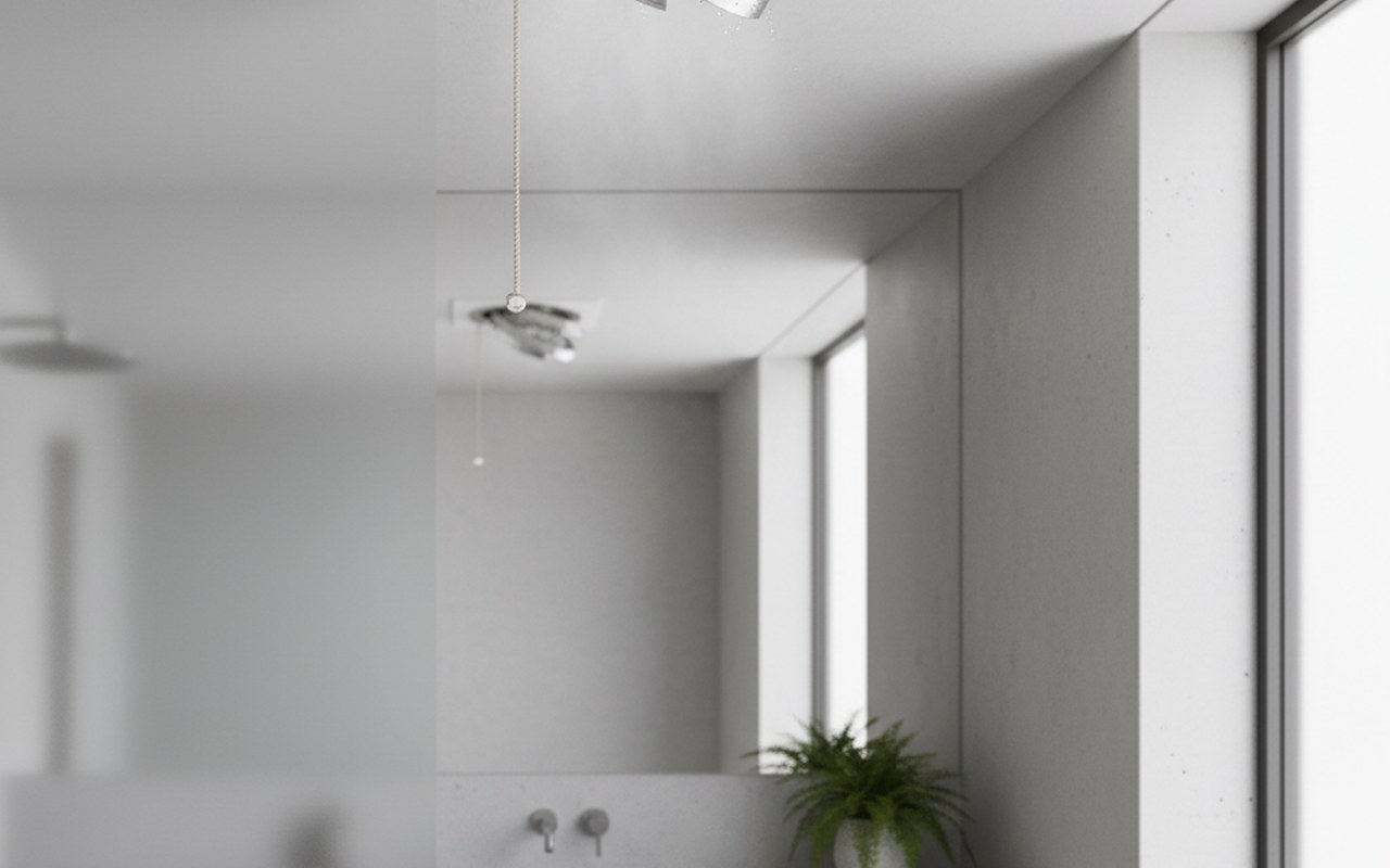 Système de VMC avec cordelette dans une salle de bains moderne, illustrant l'extraction d'air.