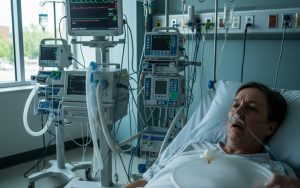Patient inquiet dans un environnement médical, illustrant le vomissement par le nez.