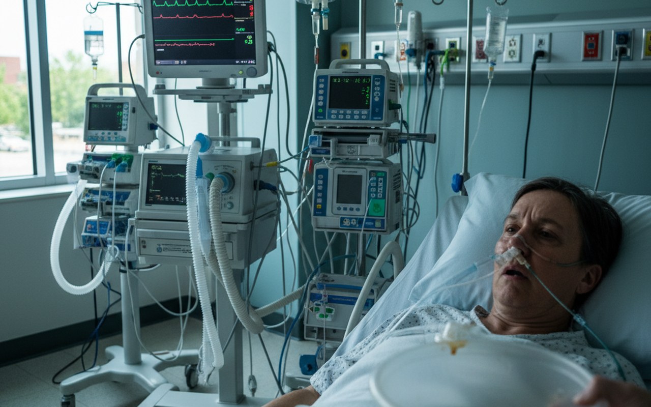 Patient inquiet dans un environnement médical, illustrant le vomissement par le nez.