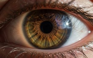 Gros plan sur des yeux hazel avec des nuances captivantes de marron, vert et doré.
