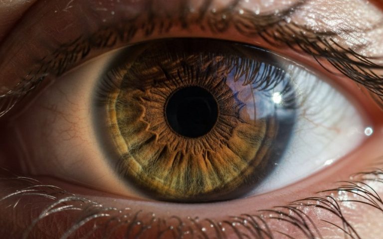 Gros plan sur des yeux hazel avec des nuances captivantes de marron, vert et doré.