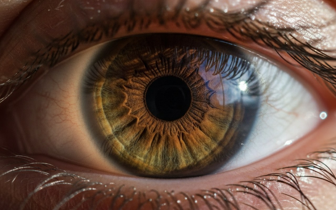 Gros plan sur des yeux hazel avec des nuances captivantes de marron, vert et doré.