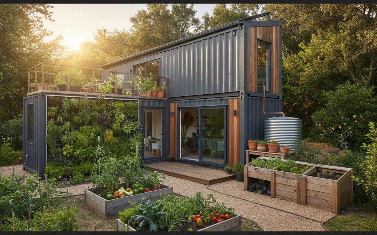 Maison en conteneur moderne intégrée dans un environnement naturel avec jardin durable.