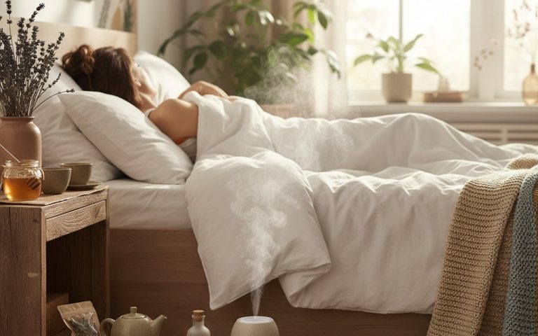 Personne dans un lit avec des remèdes naturels pour soulager la toux nocturne.