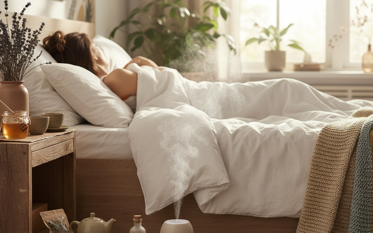 Personne dans un lit avec des remèdes naturels pour soulager la toux nocturne.