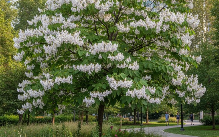 Arbre de Catalpa en fleur dans un paysage urbain, illustrant son rôle écologique.