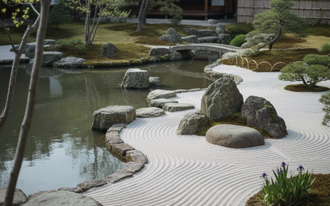 Un jardin zen japonais avec eau, pierres, sable et plantes en harmonie.