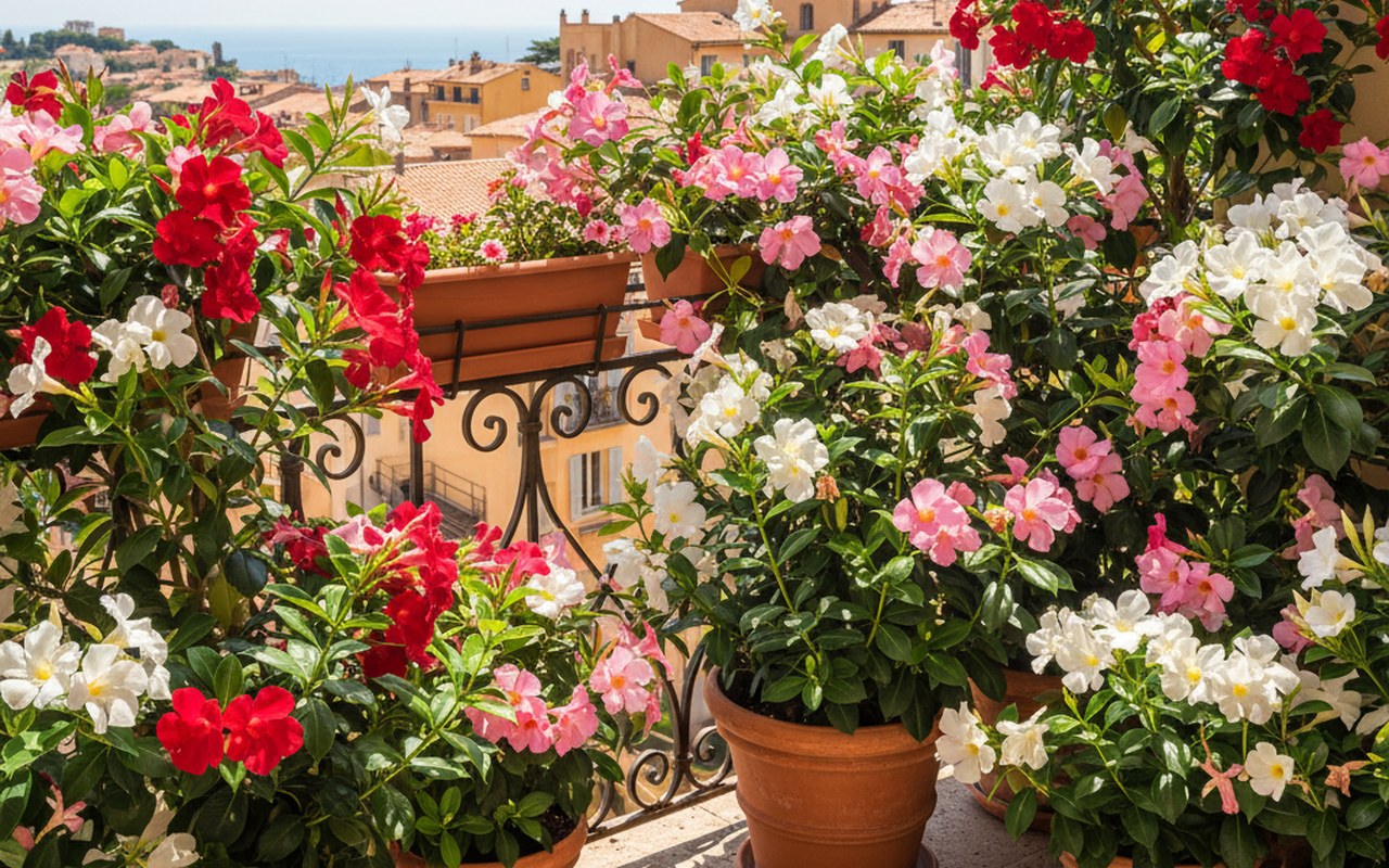 Balcon fleuri avec des dipladenias en pot, couleurs rose, rouge et blanc sous le soleil.
