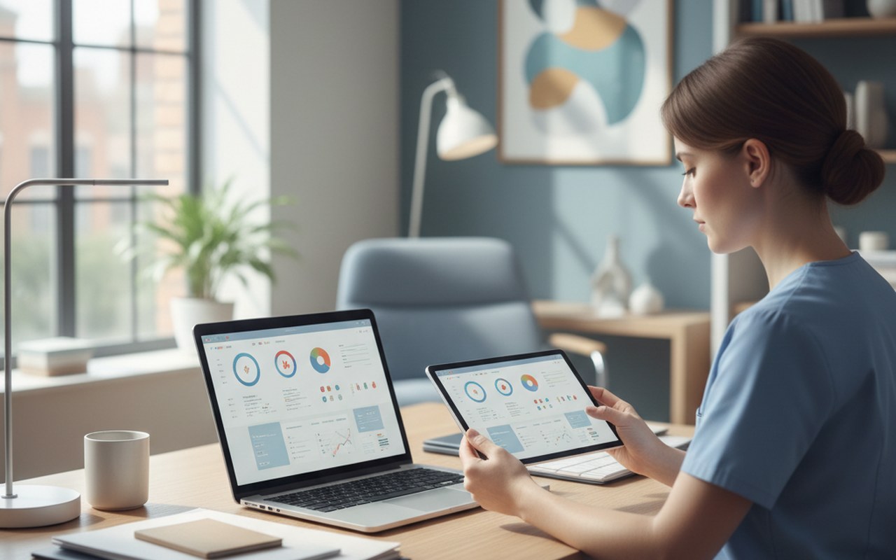 Professionnel de santé gérant des rendez-vous avec Doctolib Pro dans un cabinet moderne.