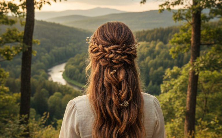 Femme aux cheveux longs avec une coiffure élégante en plein air.