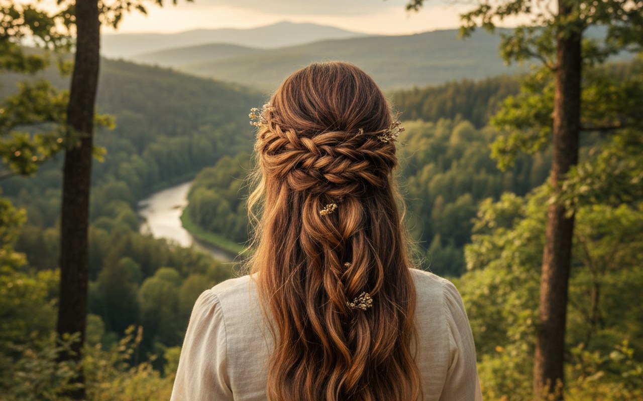 Femme aux cheveux longs avec une coiffure élégante en plein air.