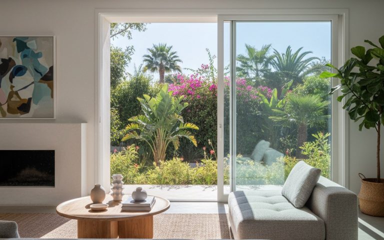 Salon moderne avec fenêtre coulissante PVC ouverte sur un jardin lumineux