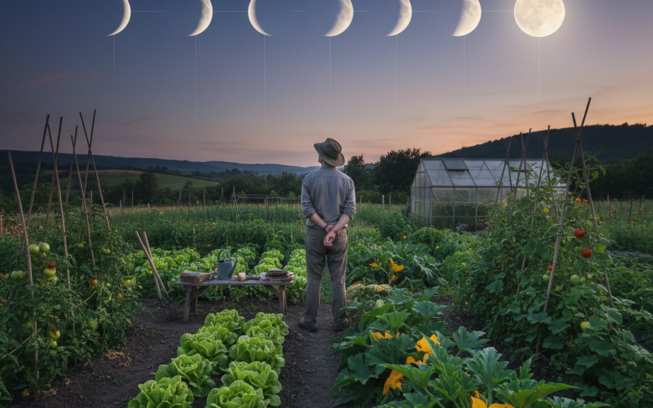 Un jardinier dans un potager observant la lune pour jardiner selon les phases lunaires.