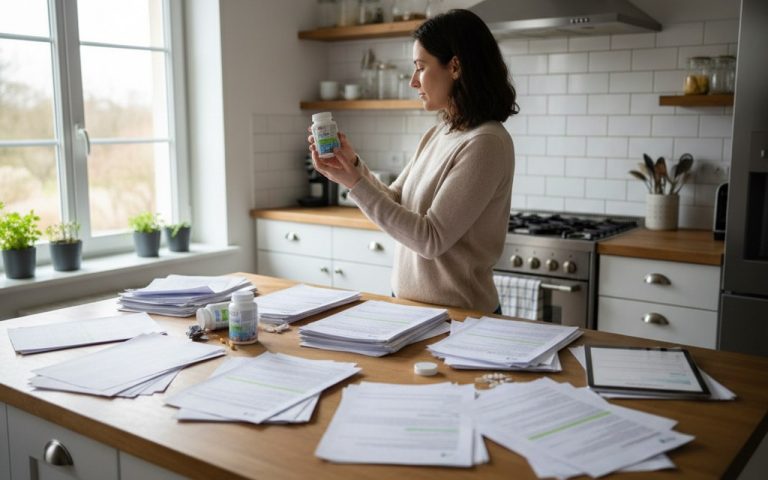 Un utilisateur examine des compléments alimentaires entouré de documents de plaintes.