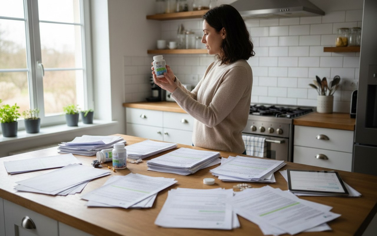 Un utilisateur examine des compléments alimentaires entouré de documents de plaintes.