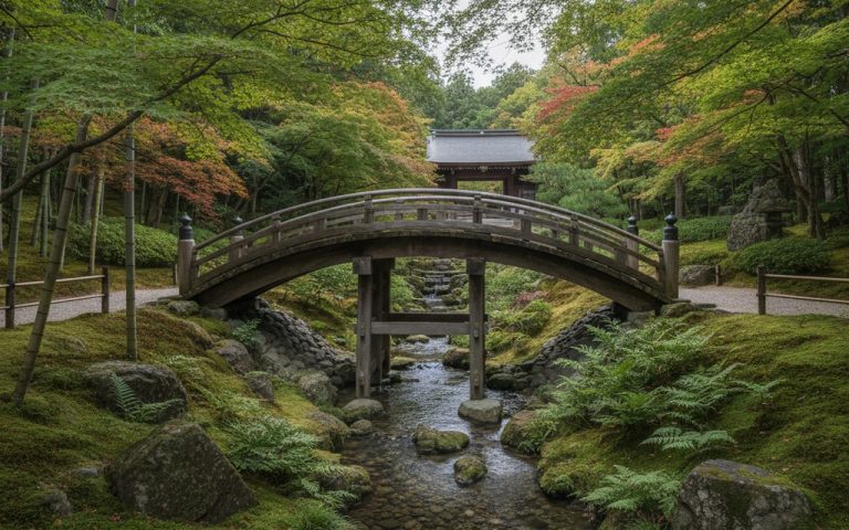 Pont japonais en bois cintré dans un jardin zen avec un ruisseau.