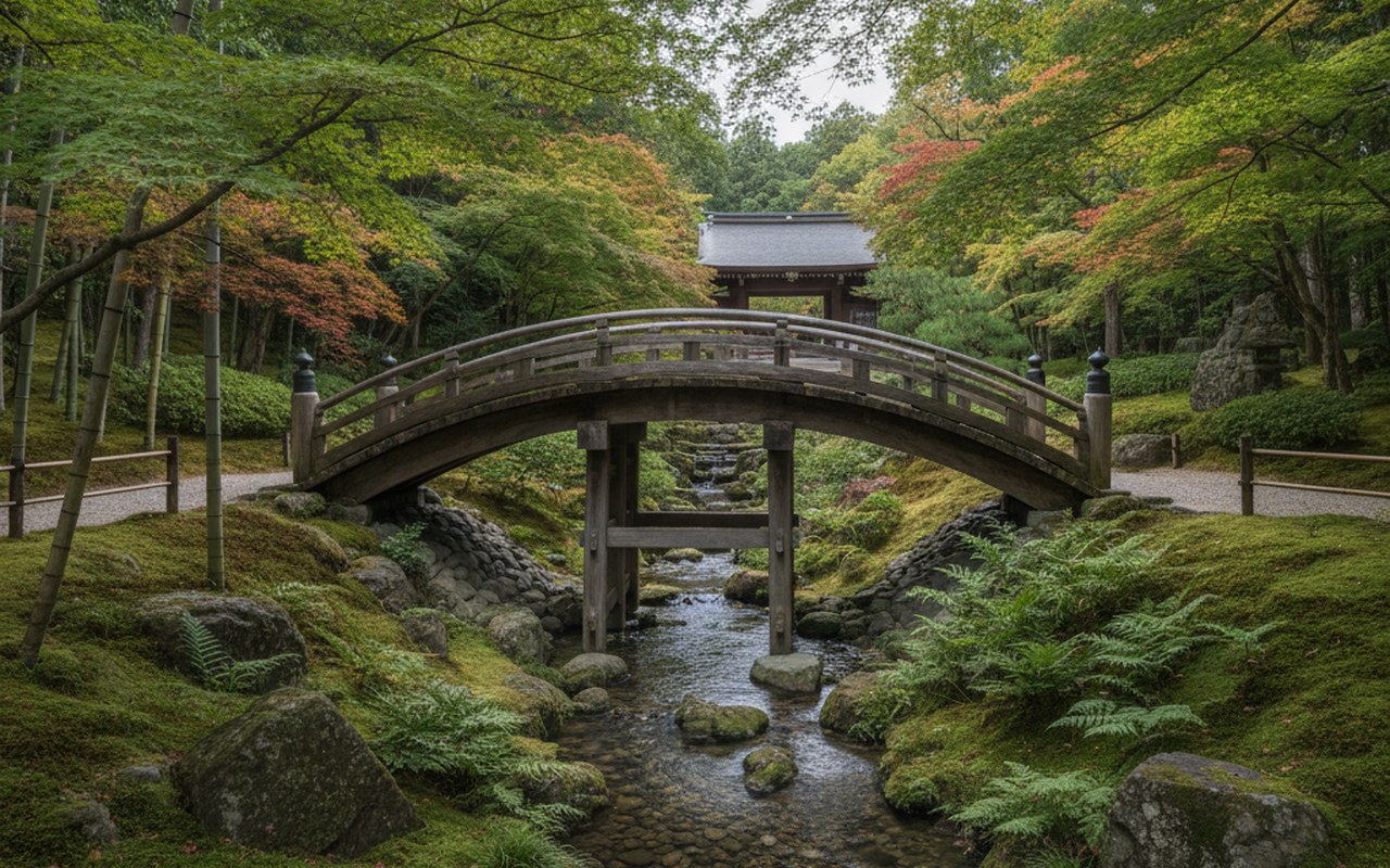 Pont japonais en bois cintré dans un jardin zen avec un ruisseau.