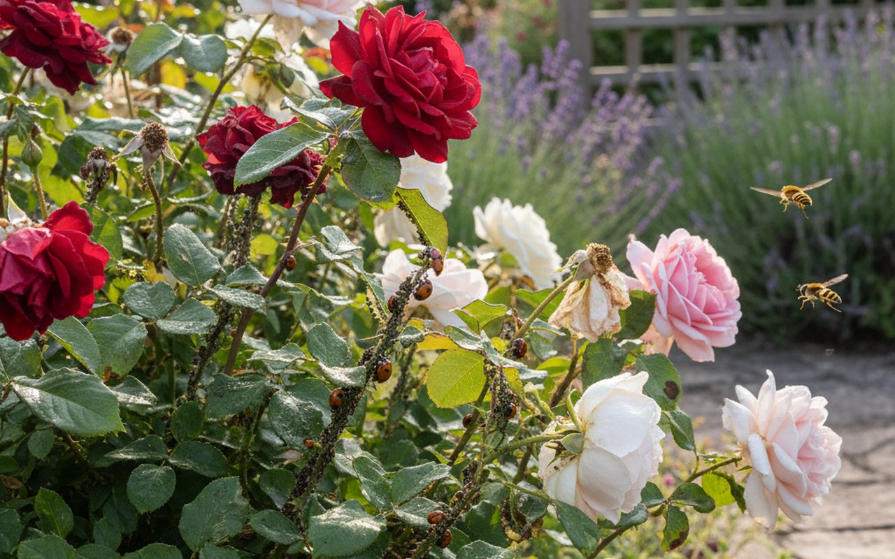 Roses infestées par des pucerons avec des prédateurs naturels dans le jardin.