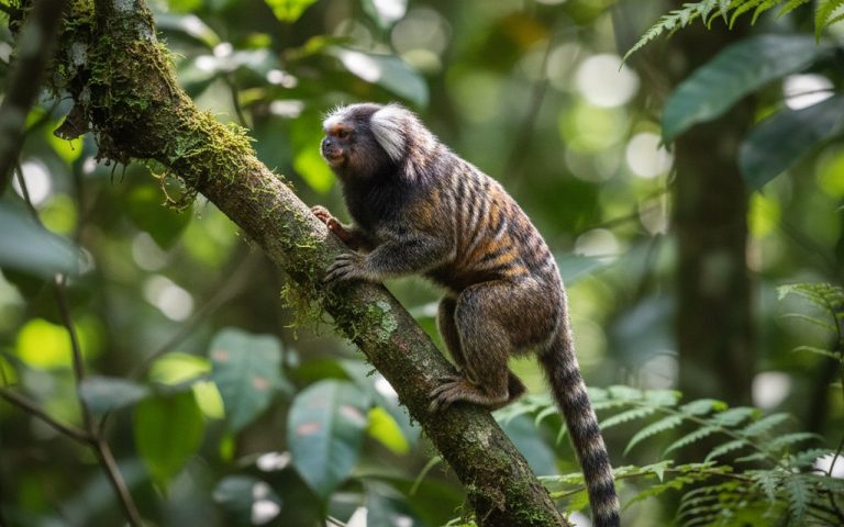 Tamarin grimpant sur une branche dans une forêt tropicale dense.