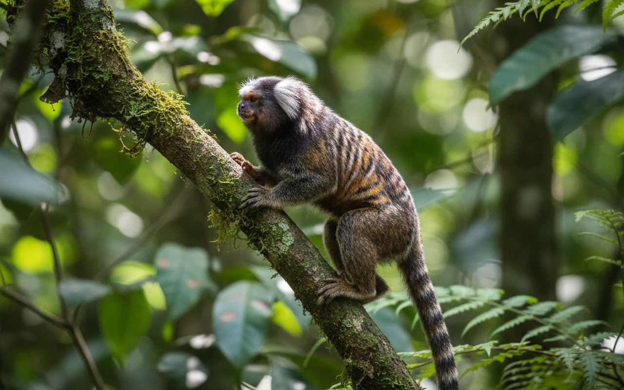 Tamarin grimpant sur une branche dans une forêt tropicale dense.