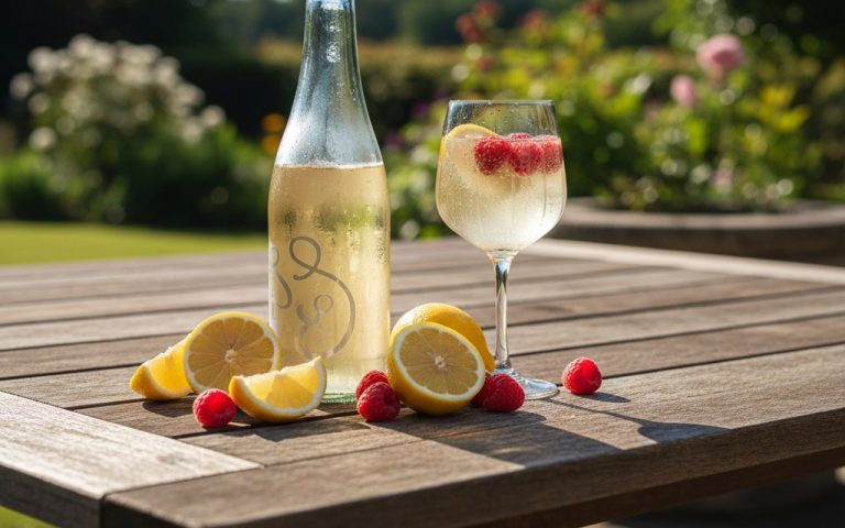 Bouteille de Tourtel Twist sans alcool avec citron et framboises en été.